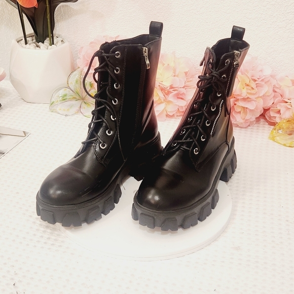 Azalea Wang Shoes - Azalea Wang Black Patent Leather Lace Up Combat Boots Size 11